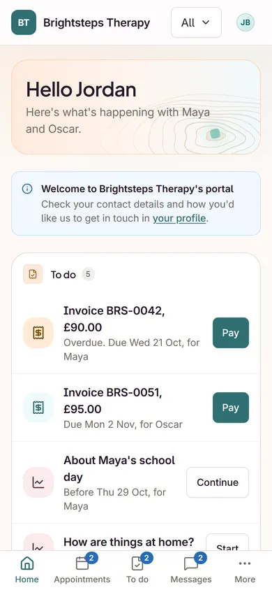 A parent's view of the Brightsteps portal on a phone, with invoices to pay and forms to fill in
